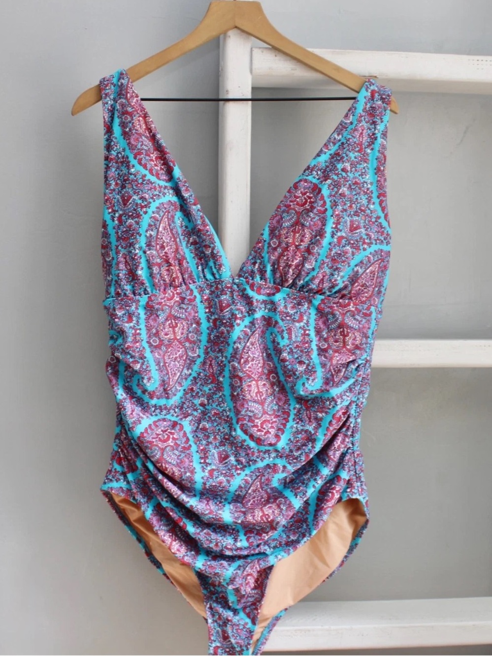 J. Crew - Paisley Blue Pink V-Neck Ruched Swimsuit, Size: S - Excellent Conditio